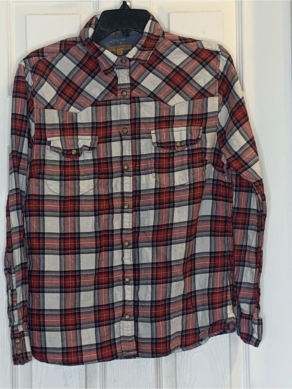 Jachs Girlfriend Red Plaid Snap Button Flannel Size Medium Upcycled